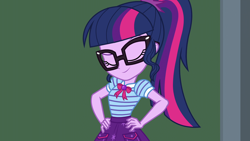 Size: 1920x1080 | Tagged: safe, derpibooru import, screencap, sci-twi, twilight sparkle, human, equestria girls, equestria girls series, holidays unwrapped, spoiler:eqg series (season 2), bowtie, chalkboard, eyebrows, eyes closed, female, geode of telekinesis, glasses, hand on hip, jewelry, magical geodes, necklace, ponytail, raised eyebrow, smiling, smirk, solo, the cider louse fools