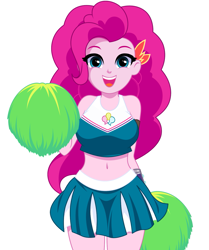 Size: 1215x1453 | Tagged: safe, artist:rosemile mulberry, derpibooru import, pinkie pie, human, equestria girls, bare shoulders, belly button, breasts, cheerleader, cheerleader pinkie, clothes, cute, diapinkes, female, happy, looking at you, midriff, miniskirt, pinkie pies, pleated skirt, pom pom, simple background, skirt, sleeveless, smiling, solo, sports bra, updated design, white background