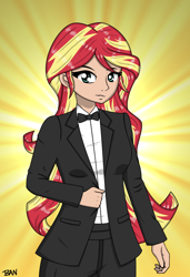 Size: 1796x2628 | Tagged: safe, artist:banquo0, derpibooru import, part of a set, sunset shimmer, human, equestria girls, bowtie, clothes, female, human coloration, pants, shirt, solo, suit, tuxedo