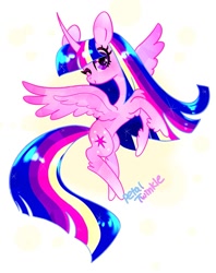 Size: 1013x1280 | Tagged: safe, artist:petaltwinkle, derpibooru import, twilight sparkle, twilight sparkle (alicorn), alicorn, pony, female, looking at you, mare, one eye closed, signature, smiling, smiling at you, solo, sparkles, spread wings, starry eyes, wingding eyes, wings, wink, winking at you