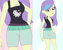 Size: 2854x2233 | Tagged: safe, artist:rainbowstarcolour262, derpibooru import, snow flower, human, equestria girls, ass, breasts, busty snow flower, butt, cleavage, clothes, cutie mark on clothes, dyed hair, female, hand on hip, headband, lipstick, looking down, shorts, snowbutt, solo, standing, tanktop