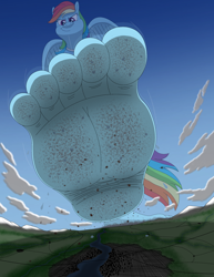 Size: 2210x2856 | Tagged: safe, artist:az12lol, derpibooru import, rainbow dash, anthro, human, pegasus, plantigrade anthro, barefoot, barefooting, crush fetish, crushing, dirt, dirty, dirty feet, feet, female, fetish, foot fetish, foot focus, giantess, giga, giga giant, gigan, goddess, macro, mega giant, soles, solo, sweat, toes