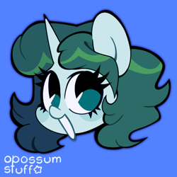 Size: 1100x1100 | Tagged: safe, artist:opossum-stuff, derpibooru import, oc, oc only, oc:aquaria lance, pony, unicorn, blue background, bust, happy, portrait, simple background, solo