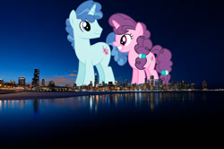 Size: 1024x681 | Tagged: safe, artist:ambassad0r, artist:dashiesparkle, derpibooru import, edit, editor:jaredking779, party favor, sugar belle, pony, unicorn, chicago, duo, female, giant pony, giant unicorn, giantess, highrise ponies, illinois, irl, macro, male, mare, mega giant, photo, ponies in real life, stallion