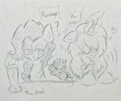 Size: 3508x2920 | Tagged: safe, artist:rony, derpibooru import, oc, oc only, oc:rampage, oc:rony bistear, fallout equestria, fallout equestria: project horizons, confession, cute, drunk, fanfic art, traditional art