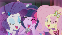 Size: 1920x1080 | Tagged: safe, derpibooru import, screencap, fluttershy, rarity, twilight sparkle, equestria girls, perfect day for fun, rainbow rocks, eyes closed, microphone, open mouth, trio