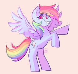 Size: 1464x1392 | Tagged: safe, artist:anyhdm, derpibooru import, rainbow dash, pegasus, pony, eyebrows, eyebrows visible through hair, female, looking at you, mare, signature, simple background, smiling, smiling at you, solo, spread wings, wings