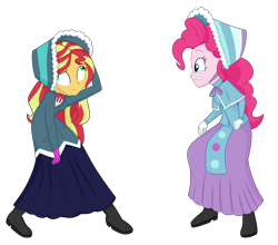 Size: 2500x2197 | Tagged: safe, artist:splendidbondage, derpibooru import, pinkie pie, sunset shimmer, equestria girls, caroling, clothes, derp, long skirt, simple background, skirt, transparent background, victorian, victorian dress