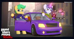 Size: 4096x2160 | Tagged: safe, artist:perezadotarts, derpibooru import, oc, oc only, oc:atlas (perezadotarts), oc:pen sketchy, earth pony, pony, unicorn, assault rifle, car, city, cityscape, clothes, earth pony oc, grand theft auto, gun, handgun, horn, jacket, loading screen, logo, logo parody, magic, magic aura, manehattan, pistol, polo shirt, rifle, standing, text, unicorn oc, vehicle, weapon