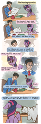 Size: 1009x3000 | Tagged: safe, derpibooru import, twilight sparkle, twilight sparkle (alicorn), alicorn, human, ace attorney, chibi, comic, commission, context in comments, crossover, digital art, ears, floppy ears, newspaper, panels, phoenix wright, reading, simple background, sitting, speech bubble, text