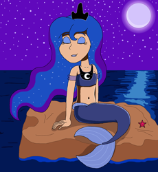 Size: 1295x1410 | Tagged: safe, artist:ocean lover, derpibooru import, princess luna, human, mermaid, bandeau, bare shoulders, beautiful, beautisexy, belly, belly button, blue eyeshadow, blue hair, blue lipstick, boulder, crown, curvy, elegant, ethereal hair, eyes closed, eyeshadow, fins, fish tail, hourglass figure, human coloration, humanized, jewelry, lipstick, long hair, makeup, mermaid princess, mermaid tail, mermaidized, mermay, midriff, moon, ms paint, night, night sky, ocean, pose, pretty, princess of the night, reflection, regalia, relaxing, rock, shiny hair, sitting, sky, smiling, solo, species swap, starfish, starry background, starry hair, starry night, stars, tail, tail fin, water, wavy hair