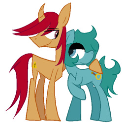 Size: 512x512 | Tagged: safe, artist:alandisc, derpibooru import, oc, oc only, oc:max crow, oc:raymond pony, earth pony, pony, unicorn, butt touch, curved horn, duo, eye clipping through hair, eyebrows, eyebrows visible through hair, height difference, hoof on butt, horn, looking at each other, looking at someone, male, raised hoof, raised leg, simple background, smiling, smirk, tall, white background