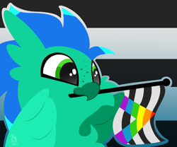 Size: 1800x1500 | Tagged: safe, artist:starcasteclipse, derpibooru import, oc, oc only, oc:sky splash, hippogriff, beak, commission, cute, eyes open, flag, hippogriff oc, mouth hold, pride, pride flag, pride month, solo, straight ally flag, ych example, ych result, your character here, your charecter here