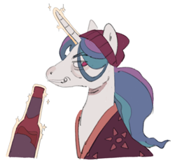 Size: 2048x1912 | Tagged: safe, artist:arrgh-whatever, derpibooru import, princess celestia, pony, beanie, beer bottle, bottle, hat, inside job, magic, rand ridley, simple background, solo, white background