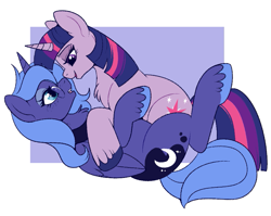 Size: 869x692 | Tagged: safe, artist:lulubell, derpibooru import, princess luna, twilight sparkle, unicorn twilight, unicorn, bedroom eyes, boop, cuddling, female, freckles, glasses, imminent kissing, lesbian, lidded eyes, looking at each other, looking at someone, noseboop, open mouth, open smile, s1 luna, shipping, smiling, twiluna, unshorn fetlocks