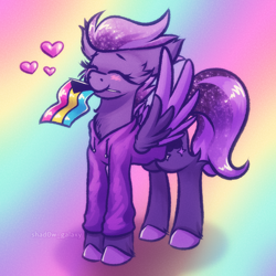 Size: 1000x1000 | Tagged: safe, artist:shad0w-galaxy, derpibooru import, oc, oc only, oc:shadow galaxy, pegasus, pony, cheek fluff, chest fluff, clothes, cute, doodle, ethereal mane, eyes closed, fluffy, gradient background, heart, hoodie, hooves, pride, pride flag, pride month, rainbow background, smiling, solo, starry mane, starry tail, tail