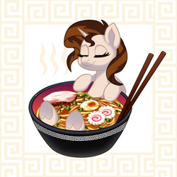 Size: 1300x1301 | Tagged: safe, artist:softpawsart, derpibooru import, oc, oc only, oc:caramel, pony, unicorn, base used, eyes closed, female, food, mare, micro, noodles, ramen, solo