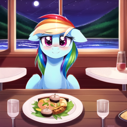 Size: 640x640 | Tagged: safe, ai content, derpibooru import, generator:novelai, machine learning generated, rainbow dash, pegasus, pony, blushing, date, ears, female, floppy ears, food, glass, indoors, interior, looking at you, mare, offscreen character, plate, pov, restaurant, sitting, sitting at table, smiling, smiling at you, solo, spread wings, story included, wings