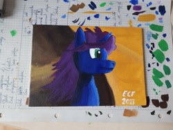 Size: 4608x3456 | Tagged: safe, artist:etymologically correct filly, derpibooru import, oc, oc only, oc:crystal dew, pony, unicorn, fanfic:fallout equestria - to bellenast, acrylic painting, blue coat, desert, female, green eyes, painting, purple mane, signature, solo, traditional art, wind