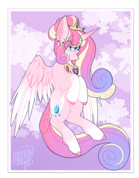 Size: 1766x2257 | Tagged: safe, artist:ezzerie, derpibooru import, oc, oc:empress amore, alicorn, pony, art trade, crown, flying, jewelry, princess, regalia, solo