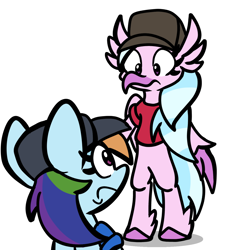 Size: 1320x1396 | Tagged: safe, artist:derp pone, derpibooru import, rainbow dash, silverstream, hippogriff, pegasus, atg 2023, bipedal, clothes, criatures fortress 2, duo, newbie artist training grounds, simple background, team fortress 2, white background