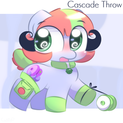 Size: 2000x2000 | Tagged: safe, artist:cushyhoof, derpibooru import, oc, oc only, oc:cascade throw, earth pony, pony, bag, bell, bell collar, blushing, clothes, collar, earth pony oc, female, gloves, mare, open mouth, phone drawing, playing, simple background, solo, yo-yo