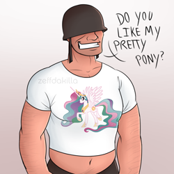 Size: 2000x2000 | Tagged: safe, artist:zeffdakilla, derpibooru import, princess celestia, alicorn, human, pony, clothes, crossover, gradient background, hat, helmet, male, playing with fire, shirt, smiling, soldier, solo, talking, team fortress 2