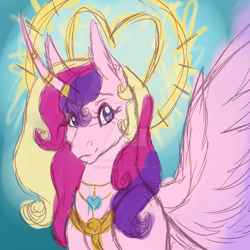 Size: 1920x1920 | Tagged: safe, artist:toge-kissed, derpibooru import, princess cadance, alicorn, pony, bust, colored sketch, deviantart watermark, female, halo, heart, horn, horn ring, looking at you, mare, obtrusive watermark, ring, sketch, smiling, smiling at you, solo, spread wings, watermark, wings