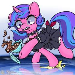 Size: 2000x2000 | Tagged: safe, artist:swishyfishy4308, derpibooru import, oc, oc only, oc:cuddlebug, unicorn, clothes, clumsy, equestria daily, female, maid, mare, newbie artist training grounds, reflection, solo