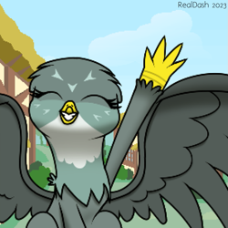 Size: 825x825 | Tagged: safe, artist:realdash, derpibooru import, part of a set, gabby, griffon, cute, eyes closed, female, gabbybetes, pixel art, ponyville, sitting, smiling, solo, spread wings, waving, waving at you, wings