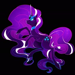 Size: 2048x2048 | Tagged: safe, artist:m0on13aby, derpibooru import, nightmare rarity, pony, unicorn, beautiful, black background, blue eyes, crown, digital art, ethereal mane, ethereal tail, eyelashes, eyeshadow, female, flowing mane, flowing tail, gem, horn, jewelry, long horn, looking up, makeup, mare, necklace, purple mane, purple tail, regalia, sexy, simple background, solo, starry mane, starry tail, tail