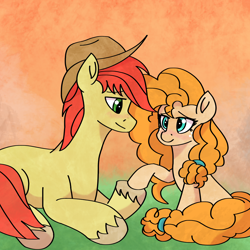Size: 2000x2000 | Tagged: safe, artist:artevi, derpibooru import, bright mac, pear butter, earth pony, pony, atg 2023, blushing, brightbutter, duo, female, hat, holding hooves, looking at each other, looking at someone, lying down, male, newbie artist training grounds, prone, shipping, sitting, straight