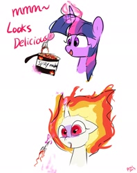 Size: 1620x2048 | Tagged: safe, artist:petaltwinkle, derpibooru import, twilight sparkle, twilight sparkle (alicorn), alicorn, pony, bust, female, food, fork, levitation, magic, mane of fire, mare, noodles, open mouth, open smile, rapidash twilight, signature, simple background, smiling, solo, spicy, telekinesis, white background