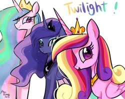 Size: 1024x810 | Tagged: safe, artist:petaltwinkle, derpibooru import, princess cadance, princess celestia, princess luna, alicorn, pony, female, implied twilight sparkle, mare, simple background, smiling, trio, white background