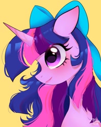 Size: 1620x2048 | Tagged: safe, artist:petaltwinkle, derpibooru import, twilight sparkle, twilight sparkle (alicorn), alicorn, pony, blushing, bow, bust, cute, female, hair bow, mare, simple background, smiling, solo, twiabetes, yellow background