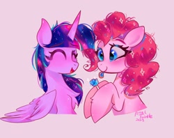 Size: 2048x1620 | Tagged: safe, artist:petaltwinkle, derpibooru import, pinkie pie, twilight sparkle, twilight sparkle (alicorn), alicorn, earth pony, pony, blushing, candy, chest fluff, cute, diapinkes, duo, eyes closed, female, food, hoof hold, lollipop, mare, open mouth, open smile, pink background, signature, simple background, smiling, sparkles, tongue, tongue out, twiabetes