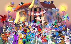 Size: 1920x1200 | Tagged: artist needed, safe, artist:ngthanhphong, artist:sweetbrew, derpibooru import, oc, oc:frost flare, oc:jig saw, oc:ruby star, oc:taffy swirl, banner, birthday, lots of characters, ponyville plaza