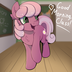 Size: 1000x1000 | Tagged: safe, artist:candy meow, derpibooru import, cheerilee, earth pony, pony, atg 2023, blurry background, chalkboard, cheek fluff, cheeribetes, chest fluff, classroom, cute, ear fluff, ears, lesson, looking at someone, morning, newbie artist training grounds, ponyville schoolhouse, smiling, solo