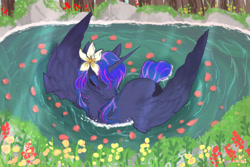 Size: 900x600 | Tagged: safe, artist:misucats, derpibooru import, princess luna, alicorn, pony, crepuscular rays, eyes closed, female, flower, flower in hair, mare, missing accessory, partially open wings, partially submerged, pond, solo, water, wings