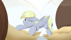 Size: 1977x1123 | Tagged: safe, artist:arcane-thunder, derpibooru import, derpy hooves, pegasus, pony, atg 2023, ears, female, floppy ears, hourglass, mare, newbie artist training grounds, one eye closed, sand, scrunchy face, solo, stuck