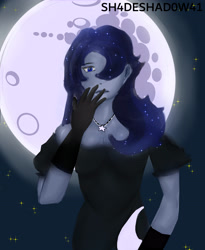 Size: 3000x3650 | Tagged: safe, artist:sh4deshad0w41, derpibooru import, princess luna, human, black dress, clothes, dress, female, gloves, glowing, hand, hand on mouth, humanized, jewelry, lipstick, looking at you, mare in the moon, moon, necklace, solo, stars