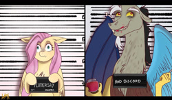 Size: 1176x680 | Tagged: safe, artist:sprong-lhama, derpibooru import, discord, fluttershy, draconequus, pegasus, pony, barbie mugshot meme, duo, duo male and female, equestria, female, food, male, male and female, meme, mugshot, name, not blood, scared, signature, strawberry, strawberry jam