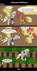 Size: 1920x3692 | Tagged: safe, artist:platinumdrop, derpibooru import, apple bloom, babs seed, derpy hooves, earth pony, pegasus, pony, comic:barnyard delivery, 3 panel comic, accident, angry, bag, barn, bully, bullying, clothes, comic, commission, crash, crying, delivery, disheveled, envelope, farm, female, filly, flying, flying away, foal, food, hay, hay bale, i just don't know what went wrong, mailmare, mailmare uniform, mare, muffin, sad, speech bubble, spread wings, sweet apple acres, uniform, wings, yelling