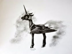 Size: 4032x3024 | Tagged: safe, artist:cahandariella, derpibooru import, nightmare moon, alicorn, jewelry, monochrome, pencil drawing, solo, traditional art