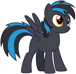 Size: 2247x2208 | Tagged: safe, artist:lightning stripe, derpibooru exclusive, derpibooru import, oc, oc only, oc:iron (jwwt4), pegasus, pony, black coat, black mane, black tail, blank flank, blue mane, blue tail, feminine stallion, male, orange eyes, show accurate, simple background, solo, spread wings, tail, three quarter view, transparent background, two toned mane, two toned tail, vector, wings