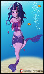 Size: 1250x2074 | Tagged: safe, artist:physicrodrigo, derpibooru import, sci-twi, twilight sparkle, mermaid, series:equestria mermaids, equestria girls, bubble, mermaidized, mid-transformation, ocean, species swap, swimming, transformation, underwater, water