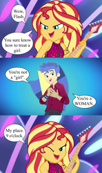 Size: 1920x3240 | Tagged: safe, derpibooru import, edit, edited screencap, screencap, flash sentry, sunset shimmer, better together, cheer you on, equestria girls, spring breakdown, bedroom eyes, cutie mark, electric guitar, female, flashimmer, gentlemen, guitar, icon, invitation, lightning, male, musical instrument, one eye closed, shipping, sign, speech bubble, straight, wink