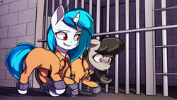 Size: 3840x2160 | Tagged: safe, artist:alexsc112, derpibooru import, dj pon-3, octavia melody, vinyl scratch, earth pony, pony, unicorn, clothes, commission, commissioner:rainbowdash69, cuffed, cuffs, duo, flustered, horn, horn ring, jail, jail cell, magic suppression, never doubt rainbowdash69's involvement, prison, prison outfit, prisoner, prisoner vinyl, ring, shackles, smiling, smirk