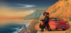 Size: 1240x582 | Tagged: safe, artist:apocheck13, derpibooru import, oc, oc only, oc:whiskey dreams, anthro, california, car, coast, highway, ocean, road, solo, sunset, water