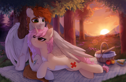 Size: 4000x2600 | Tagged: safe, artist:anku, derpibooru import, oc, oc only, pegasus, pony, squirrel, unicorn, apple, basket, chest fluff, commission, cuddling, duo, female, food, forest, lens flare, male, mare, mountain, picnic, picnic basket, picnic blanket, sandwich, sun, tree